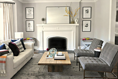 Living room - mid-sized transitional carpeted living room idea in Toronto with a ribbon fireplace