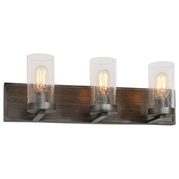 LNC Farmhouse 3-Light Brushed Black Bathroom Vanity Light With Wood Accent