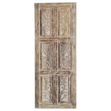 Consigned Whitewash Carved Barn Doors, Carved Rustic Paneled Barn Door