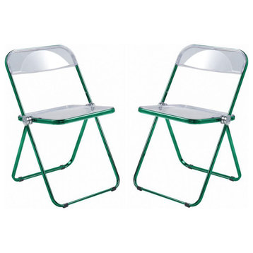 Leisuremod Lawrence Acrylic Folding Chair With Green Metal Frame, Set Of 2...