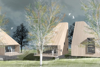 Modelo de fachada de casa gris moderna de tamaño medio de tres plantas con revestimiento de madera, tejado a cuatro aguas y tejado de varios materiales