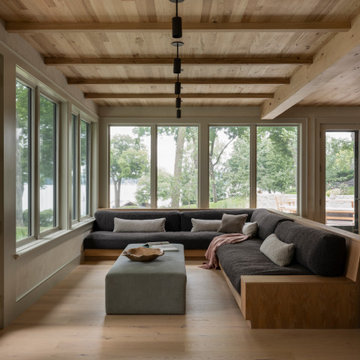 Antique Elm Paneling, Flooring, and Beams in Wabi-Sabi Lakeside Sunroom