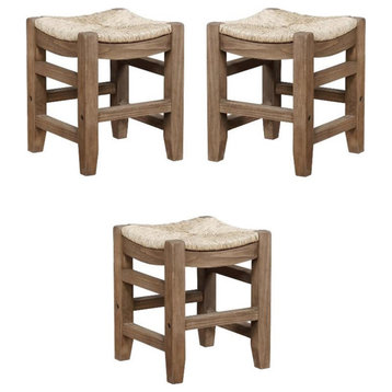 Home Square 18" Wood Stool with Rush Seat in Brown - Set of 3