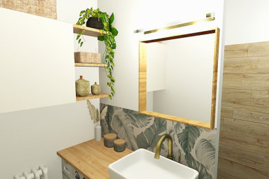 Cette photo montre une salle d'eau scandinave avec un carrelage imitation parquet, un sol en carrelage imitation parquet, un plan de toilette en stratifié et meuble simple vasque.