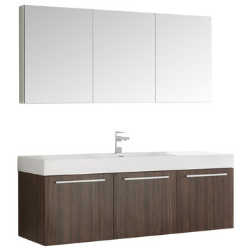 Fresca Vista 60" Walnut Single Sink Modern Bathroom Vanity With Medicine Cabinet