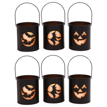 Set of 6 black metal lighted Halloween Luminaries each with 3in high B/O candle.