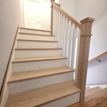 New Red Oak Stair Treads with White Risers and Custom All-Wood Railing