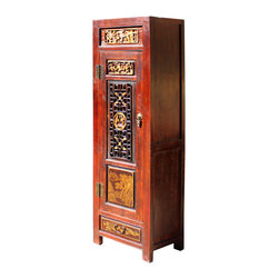 Chinese Fujian Brown Golden Graphic Slim Armoire Storage Cabinet - Accent Chests And Cabinets