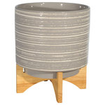 Sagebrook Home - Ceramic 10" Planter On Stand, Gray Lines - A brushed pattern with texture describes this planter. Looks great with a plant or without one. The natural wood base gives a natural feel. Sagebrook Home has been formed from a love of design, a commitment to service and a dedication to quality. They create and import fashion forward items in the most popular design styles. Backed with years of experience in the textile field, They are now providing a complete Home decor story. the combination of wall decor, furniture, lighting and Home accessories are all coordinated with textiles to provide a complete Home look. Sagebrook Home is committed to providing the best Home decor and accent pieces at value prices.
