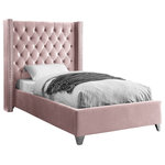 Meridian Furniture - Ames Velvet Bed, Pink, Twin - Elegant and eye-catching, the stunning Aiden Bed from Meridian Furniture is the perfect addition to any bedroom. Rich velvet covers the deep tufted design. A beautiful wing bed design is complimented by hand applied chrome nail head details. Strength and beauty is guaranteed with a solid wood frame and stainless steel legs.