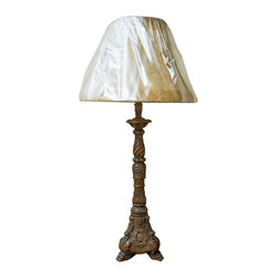Antique French Carved Wooden Lamp (with new shade) - Lamps
