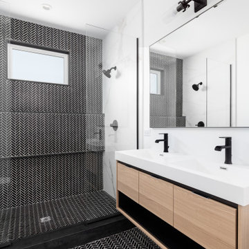 Astoria Queens | Black Herringbone Industrial Bathroom Remodel