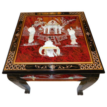 Dragon Leg Oriental Lacquer End Table With Inlaid Pearl, French Red