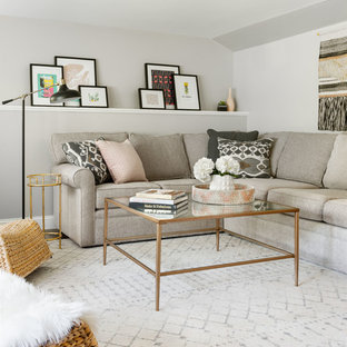 ボストンの中サイズのトランジショナルスタイルのおしゃれな地下室 (半地下 (ドアあり)、グレーの壁、クッションフロア、暖炉なし、茶色い床) の写真