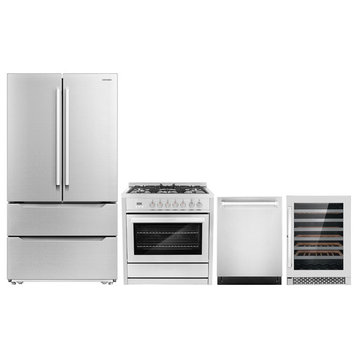 4 Piece, 36" Range 24" Dishwasher & Refrigerator & Wine Refrigerator