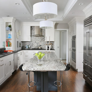 Dark Gray Wood Countertop Kitchen Island mid sized transitional u shaped dark wood floor eat in kitchen photo in