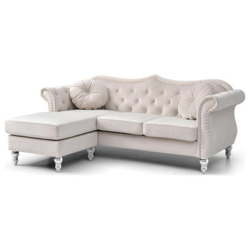 Hollywood 81 in. Ivory Velvet Chesterfield Sectional Sofa with 2-Throw Pillow