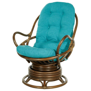 Tropical Swivel Rocker Chair, Brown Rattan Frame With Button Tufted Seat, Blue