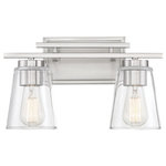 Savoy House - Elegant Calhoun Bathroom Vanity Light - Upgrade your bathroom with the elegant Calhoun 2-Light Bathroom Vanity Light in Satin Nickel. This stunning fixture features a structured design with a gleaming satin nickel finish and clear glass shades, creating a luxurious look without breaking the bank. With its rectangular wall plate, bold-lined light bar, and chunky, cylindrical bulb sockets, this vanity light exudes a quiet confidence that will make a lasting impression in your bathroom. The brushed pewter-like satin nickel finish adds a touch of elegance and versatility, allowing you to easily match it with other silver-hued accessories or mix things up with black, nickel, brass, or brushed gold accents. Customize the look of your bathroom even further by choosing decorative bulbs to complement the clear glass shades. Whether you prefer a vintage-inspired Edison bulb or a modern LED option, the Calhoun vanity light provides the perfect canvas for your personal style. Transform your bathroom into a sophisticated oasis with the Calhoun 2-Light Bathroom Vanity Light. Upgrade your lighting and create a spa-like atmosphere that will leave you feeling relaxed and refreshed every day. Don't miss out on this affordable luxury - bring home the Calhoun vanity light today!  This light requires 2 , 60W Watt Bulbs (Not Included) UL Certified.