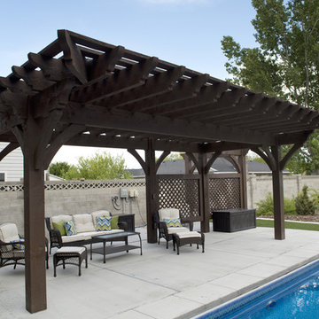 Timber Frame Poolside Pergola with Privacy Lattices & Arbor