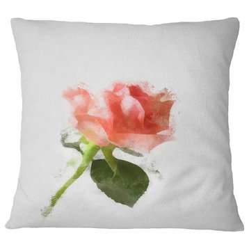 Pink Rose Watercolor With Stem Floral Throw Pillow, 16"x16"