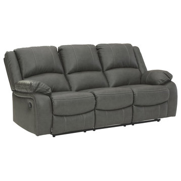Faux Leather Upholstered Dual Reclining Sofa With Jumbo Stitching, Gray