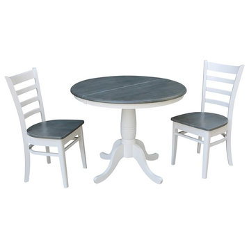36" Round Solid Wood Extension Dining Table With 2 Chairs in White/Heather Gray