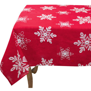 Embroidered White Snowflake Holiday Christmas Tablecloth, 60"x60"