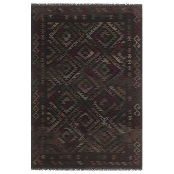 Retro Turkish Kilim Reita Black/Brown Wool Rug - 5'7'' x 8'2''
