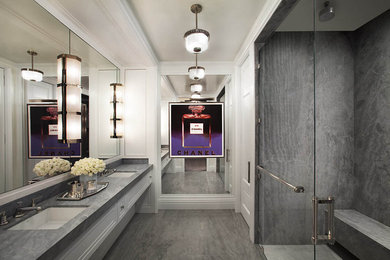 Inspiration for a contemporary bathroom in New York with an undermount sink and an alcove shower.