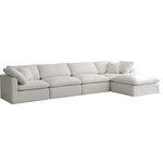 Meridian Furniture - Plush Velvet / Down Standard Comfort L-Shaped Modular Sectional, Cream, 5-Piece: 2 Armless Chair, 2 Corner Chair, 1 Ottoman - No matter how big or little the size of your gang, they can all find their sweet spot when you choose pieces from the Plush collection to build your ideal seating group. Choose this five-piece set or pair multiple pieces together to get the custom look everyone will love. The soft cream velvet material is soft and welcoming to the touch, and the set's cushions are overstuffed with a down and feather blend to provide ample support for tired bodies.