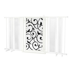 Fusion Gates - Fusion Gate with Songbirds Design, White Pearl, 65"-71.4" - Dog Gates