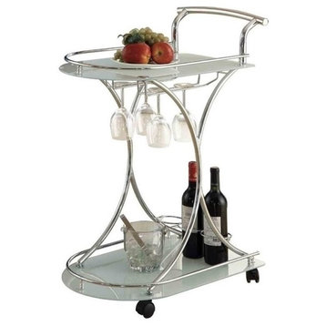 Bowery Hill Glass Top Bar Cart in Chrome and White