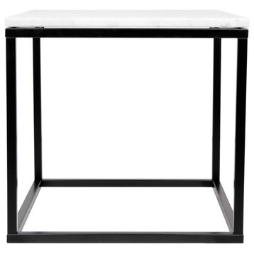 Modern Square Marble & Metal Side Table, White Marble/Black Legs