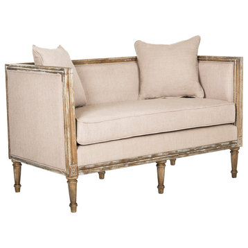 Safavieh Leandra Linen French Country Settee, Taupe/Rustic Oak Wood