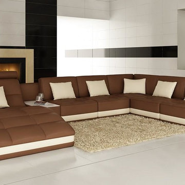 Brown and White Bonded Leather Sectional Sofa with Chaise