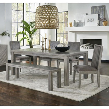 Crafters and Weavers Carlyle Herringbone Acacia Wood Dining Table Set - 78", W/ 6 Chairs
