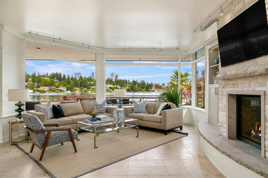 Beach style living room photo in Denver