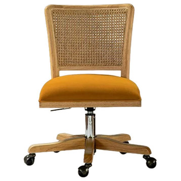 Unique Armless Office Chair, Swiveling Cushioned Seat & Rattan Backrest, Yellow