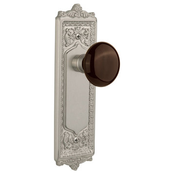 Single Egg and Dart Plate With Brown Porcelain Knob, Satin Nickel