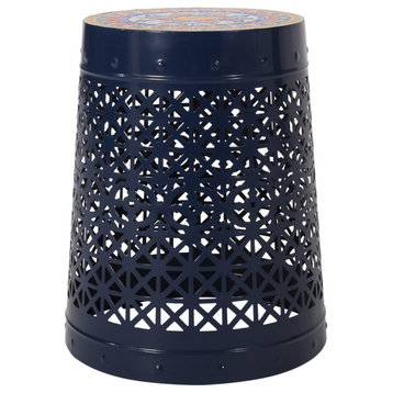 Jeremias Outdoor Lace Cut Side Table With Tile Top, Dark Blue, Multi-Color