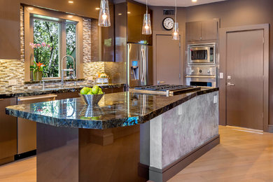 Example of a mid-sized trendy l-shaped light wood floor open concept kitchen design in Other with a double-bowl sink, flat-panel cabinets, brown cabinets, granite countertops, brown backsplash, stone tile backsplash, stainless steel appliances and an island