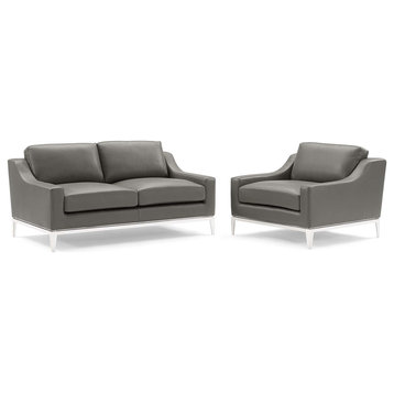 Harness Stainless Steel Base Leather Loveseat and Armchair Set, Gray
