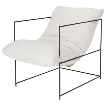 Minimalistic Accent Chair, Open Black Frame and Comfortable Pillowed Seat, Ivory