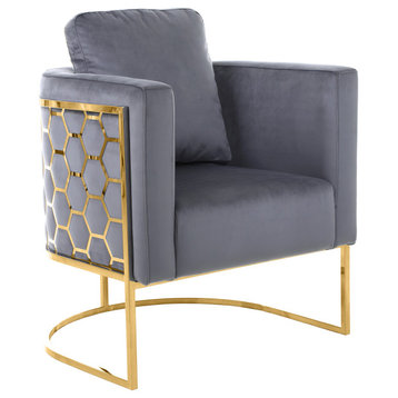 Casa Velvet Upholstered Chair, Grey, Gold Finish
