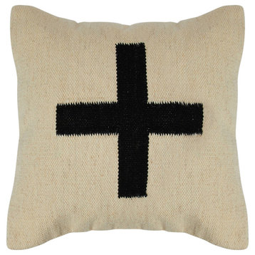 Swiss Cross Cotton Wool Throw Pillow, Black and Natural