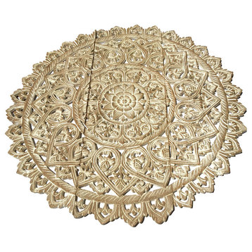 Round Lotus Flower Wood Carved Wall Plaque Home Decor, White Wash, 36"x36"