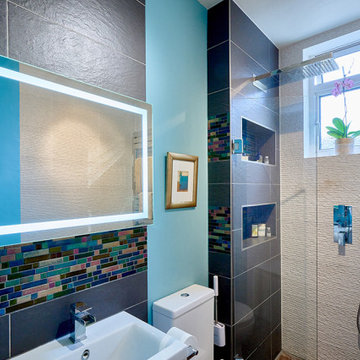 Mosaic tiles, fold back shower screen