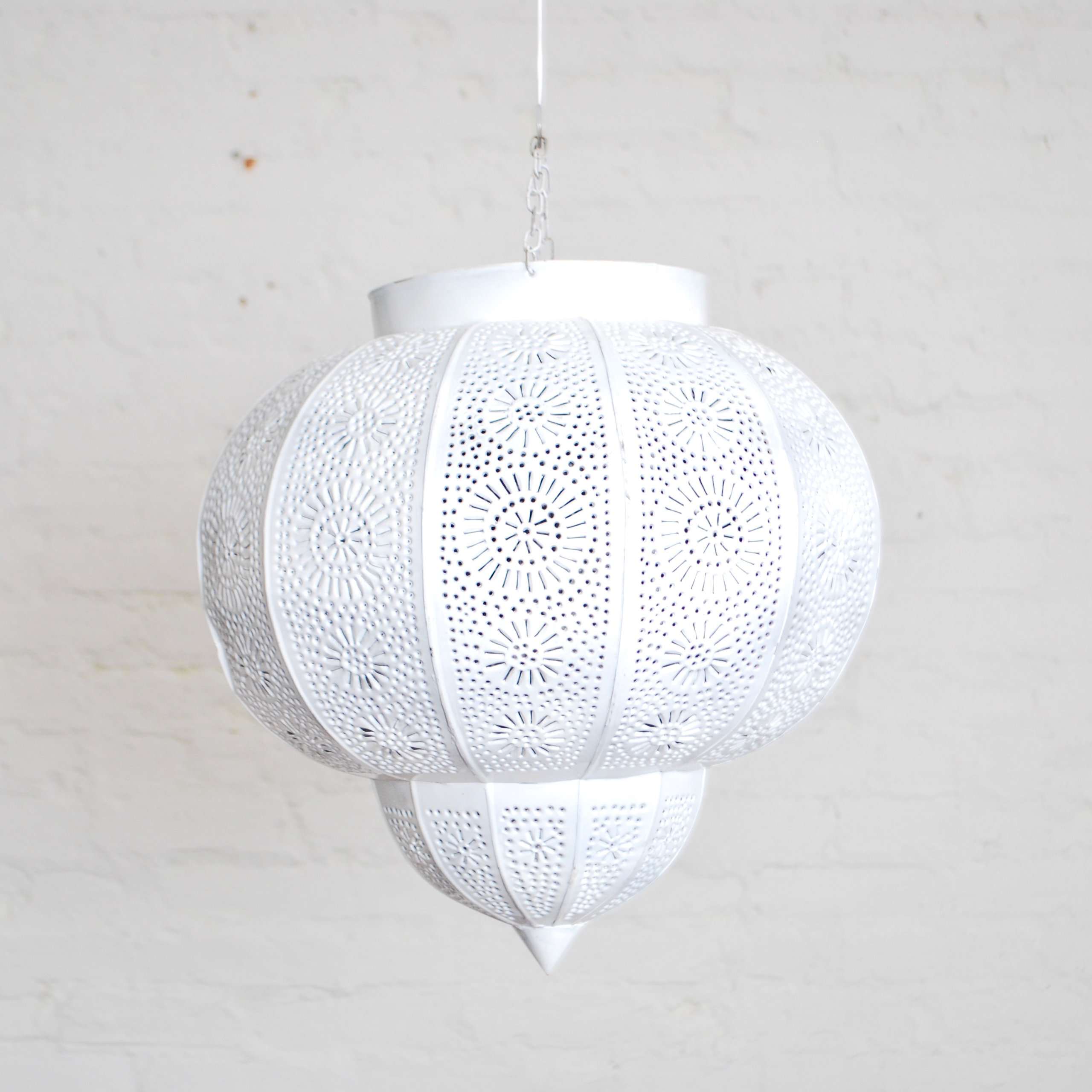 Moroccan White Painted Metal Hanging Lamp.