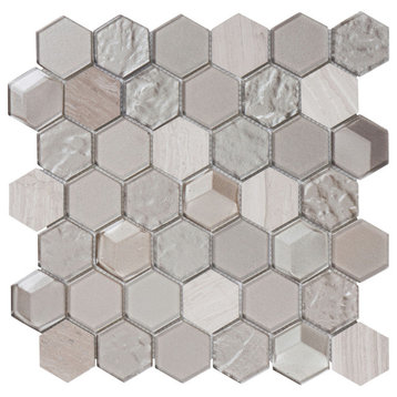 Hexagon Gray White Oak Marble Metal Gray Glass Mosaic Tile, 13"x13", Set of 10